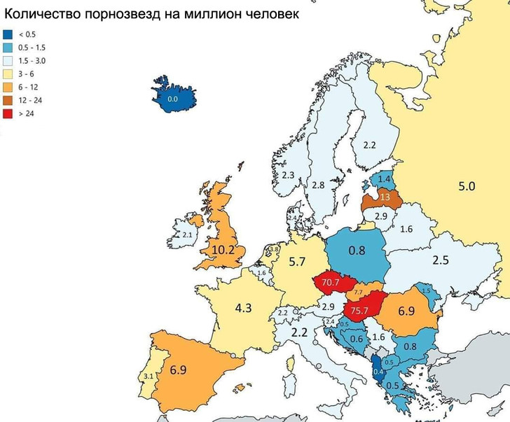 Фото №2 - Карта: количество порнозвезд на миллион человек в странах Европы и в России
